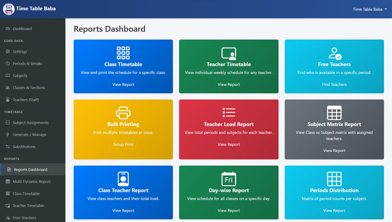 Teacher Timetable, Class Timetable & School Report Dashboard
